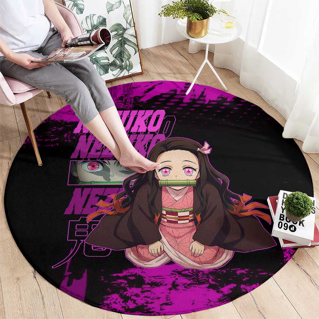 Nezuko Kamado Demon Slayer Pink Grunge Design Round Carpet with Fierce Eyes and Cute Sitting Pose - The Mazicc