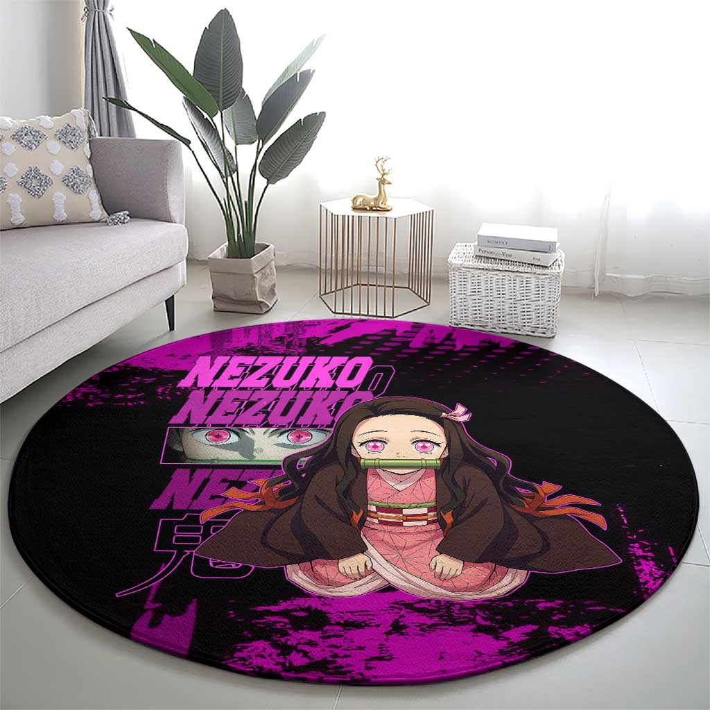 Nezuko Kamado Demon Slayer Pink Grunge Design Round Carpet with Fierce Eyes and Cute Sitting Pose - The Mazicc