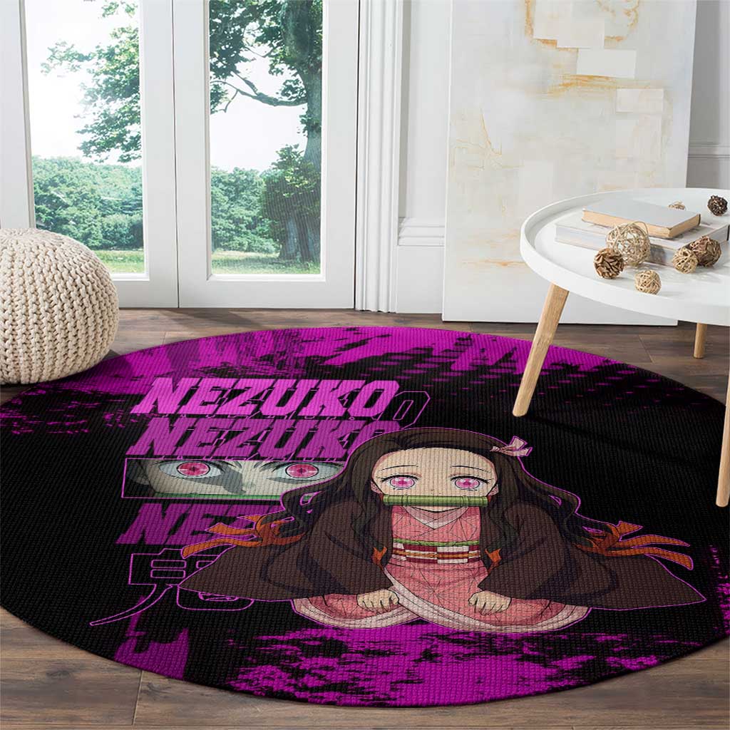 Nezuko Kamado Demon Slayer Pink Grunge Design Round Carpet with Fierce Eyes and Cute Sitting Pose - The Mazicc