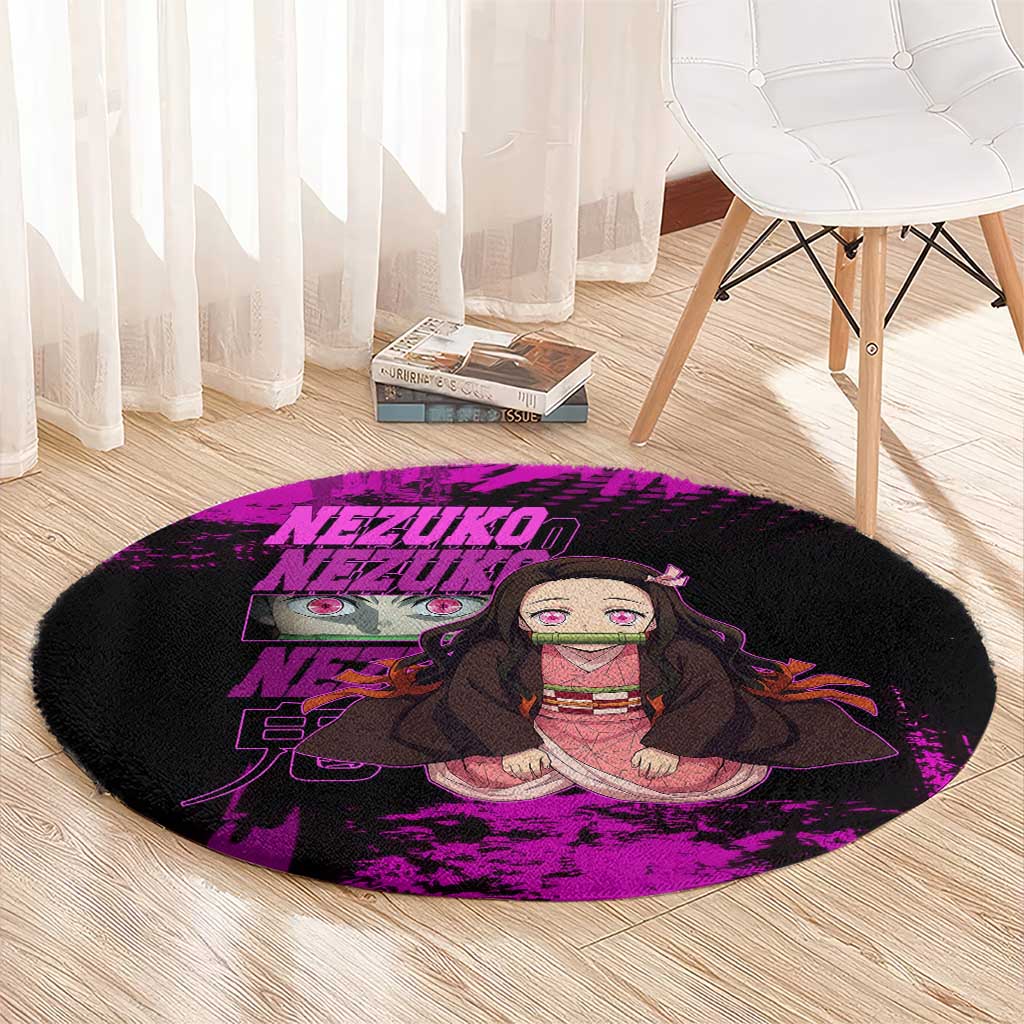 Nezuko Kamado Demon Slayer Pink Grunge Design Round Carpet with Fierce Eyes and Cute Sitting Pose - The Mazicc
