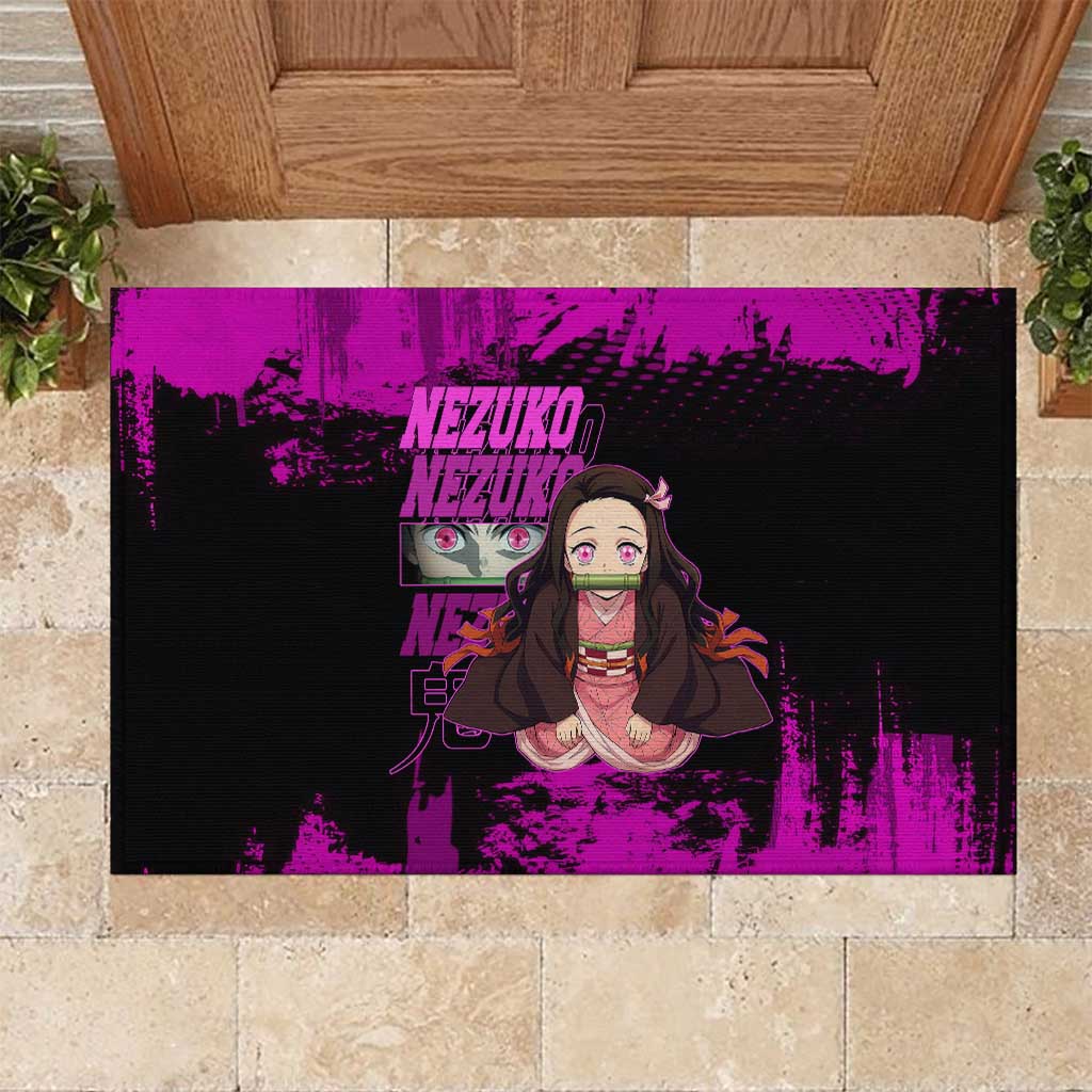 Nezuko Kamado Demon Slayer Pink Grunge Design Rubber Doormat with Fierce Eyes and Cute Sitting Pose - The Mazicc