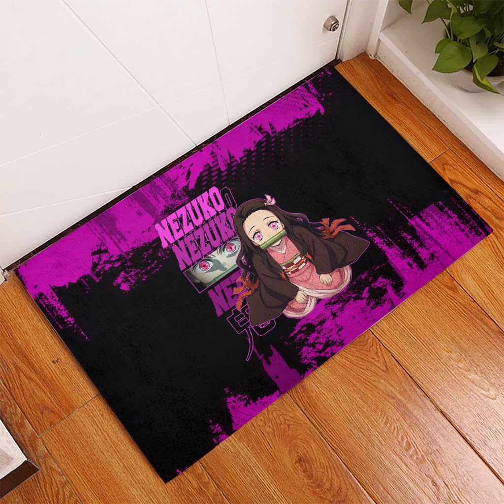 Nezuko Kamado Demon Slayer Pink Grunge Design Rubber Doormat with Fierce Eyes and Cute Sitting Pose - The Mazicc