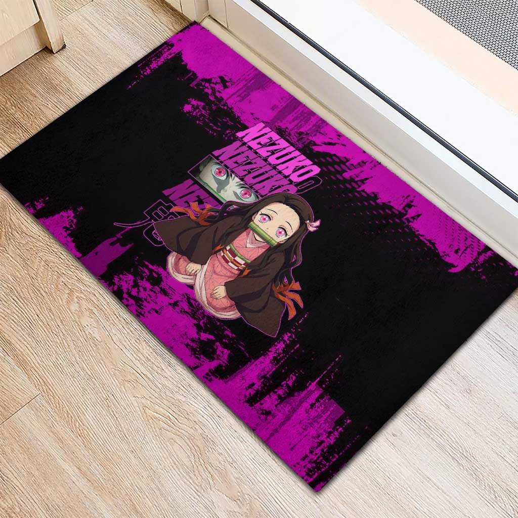 Nezuko Kamado Demon Slayer Pink Grunge Design Rubber Doormat with Fierce Eyes and Cute Sitting Pose - The Mazicc