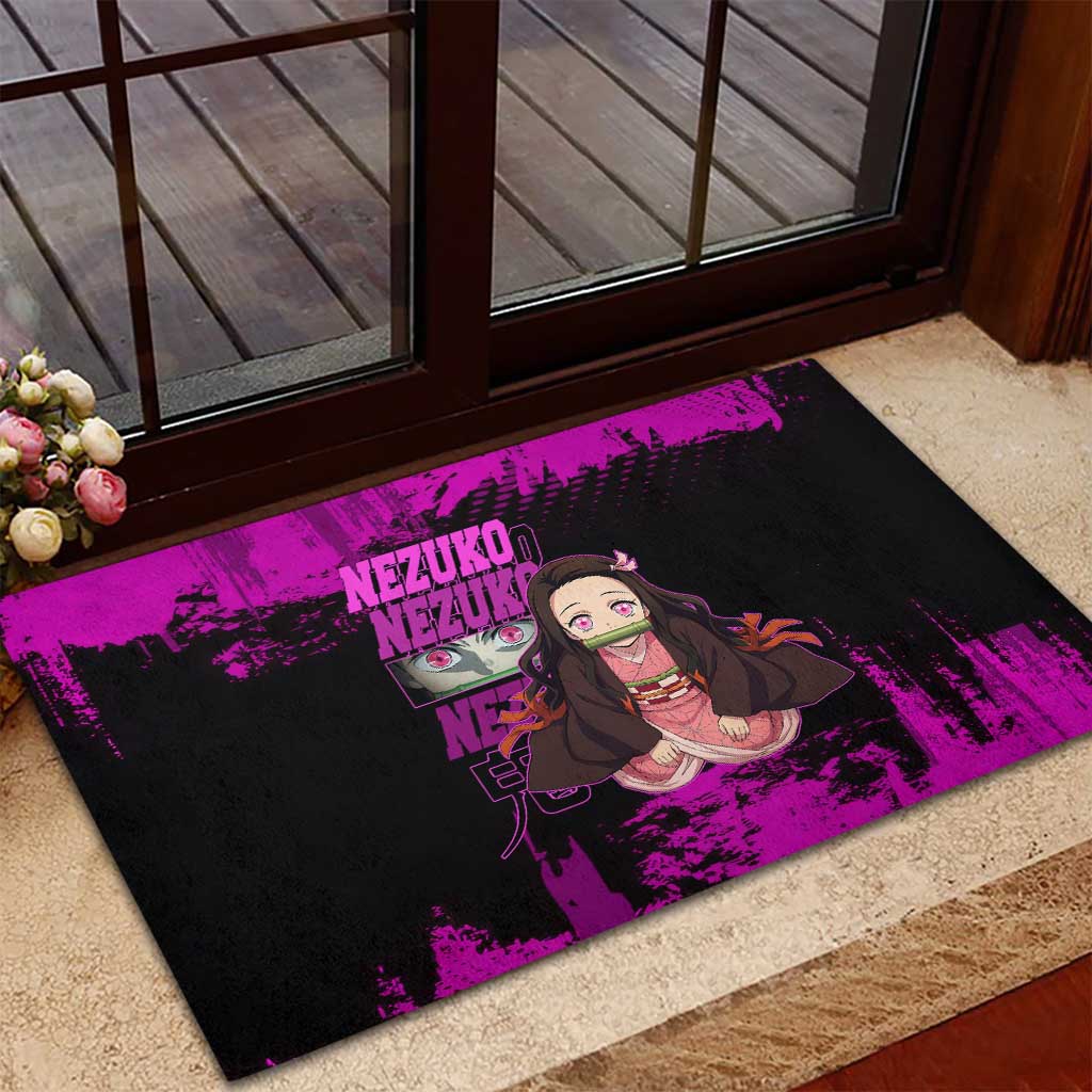 Nezuko Kamado Demon Slayer Pink Grunge Design Rubber Doormat with Fierce Eyes and Cute Sitting Pose - The Mazicc