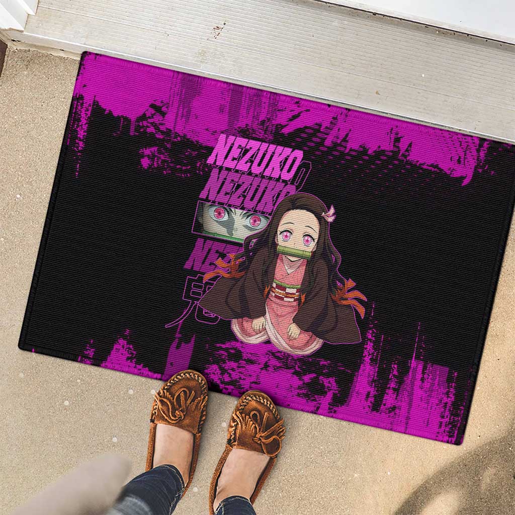 Nezuko Kamado Demon Slayer Pink Grunge Design Rubber Doormat with Fierce Eyes and Cute Sitting Pose - The Mazicc