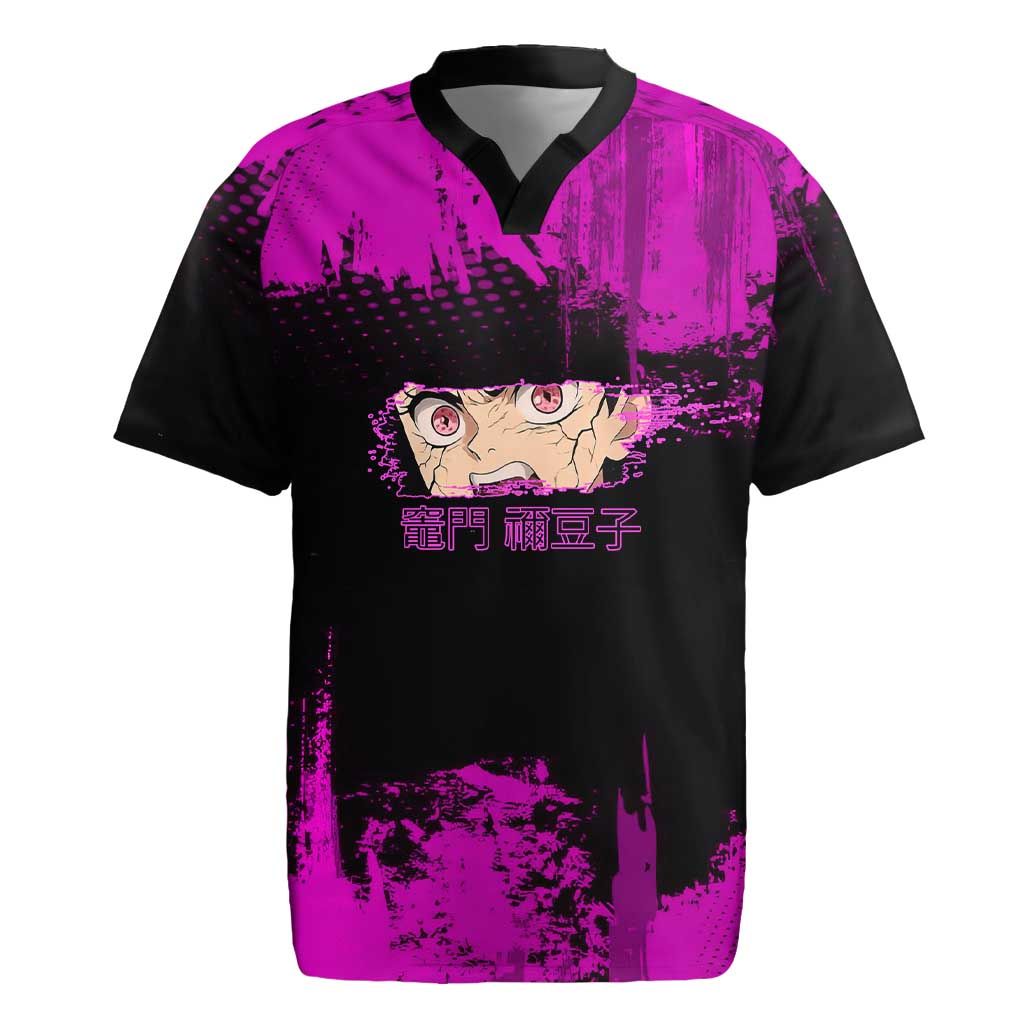 Nezuko Kamado Demon Slayer Pink Grunge Design Rugby Jersey with Fierce Eyes and Cute Sitting Pose - The Mazicc