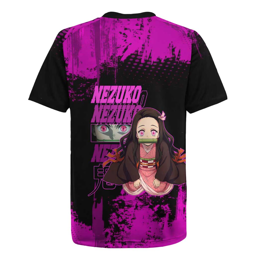 Nezuko Kamado Demon Slayer Pink Grunge Design Rugby Jersey with Fierce Eyes and Cute Sitting Pose - The Mazicc