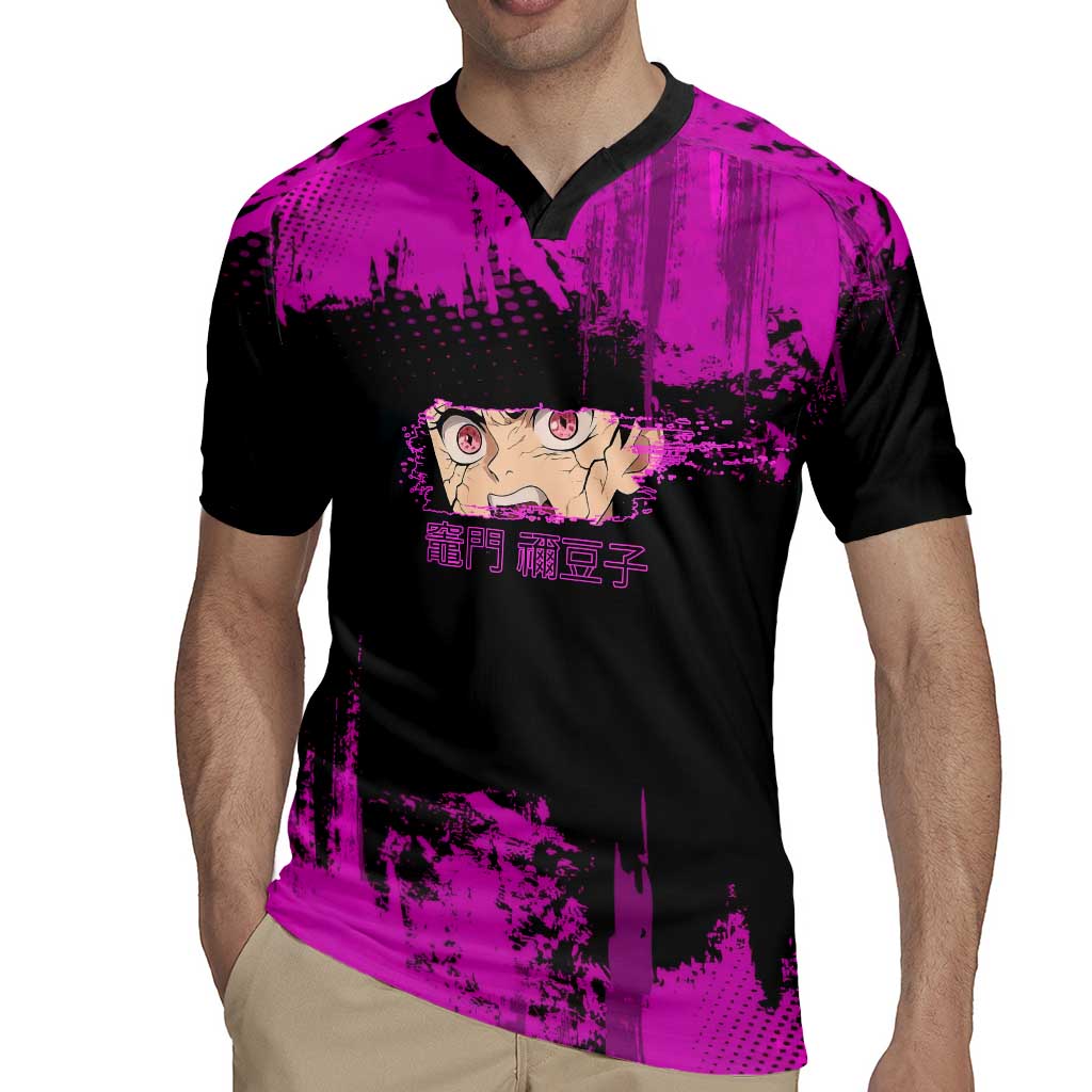 Nezuko Kamado Demon Slayer Pink Grunge Design Rugby Jersey with Fierce Eyes and Cute Sitting Pose - The Mazicc
