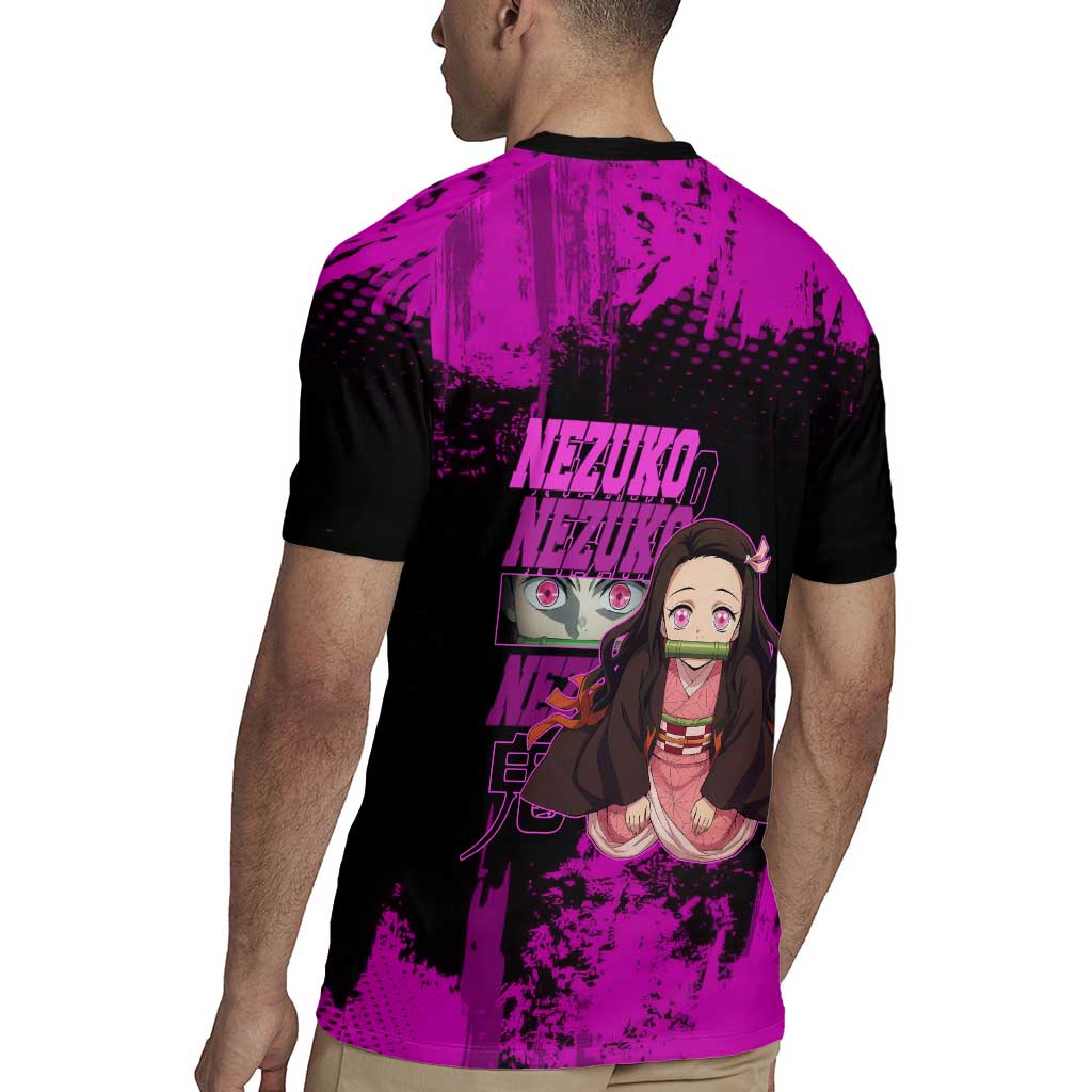 Nezuko Kamado Demon Slayer Pink Grunge Design Rugby Jersey with Fierce Eyes and Cute Sitting Pose - The Mazicc