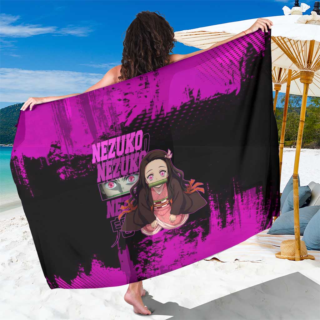 Nezuko Kamado Demon Slayer Pink Grunge Design Sarong with Fierce Eyes and Cute Sitting Pose - The Mazicc