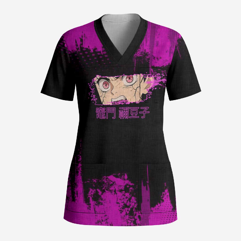 Nezuko Kamado Demon Slayer Pink Grunge Design Scrub Top with Fierce Eyes and Cute Sitting Pose - The Mazicc