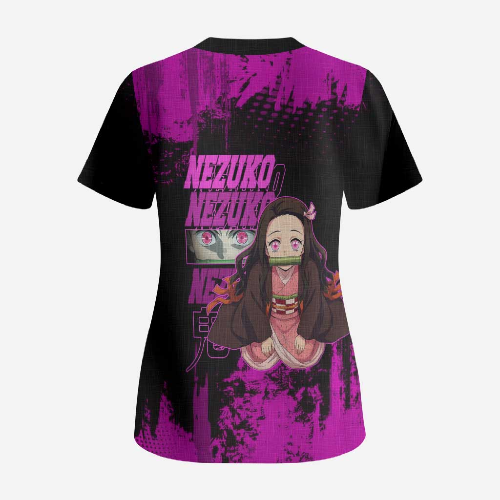 Nezuko Kamado Demon Slayer Pink Grunge Design Scrub Top with Fierce Eyes and Cute Sitting Pose - The Mazicc