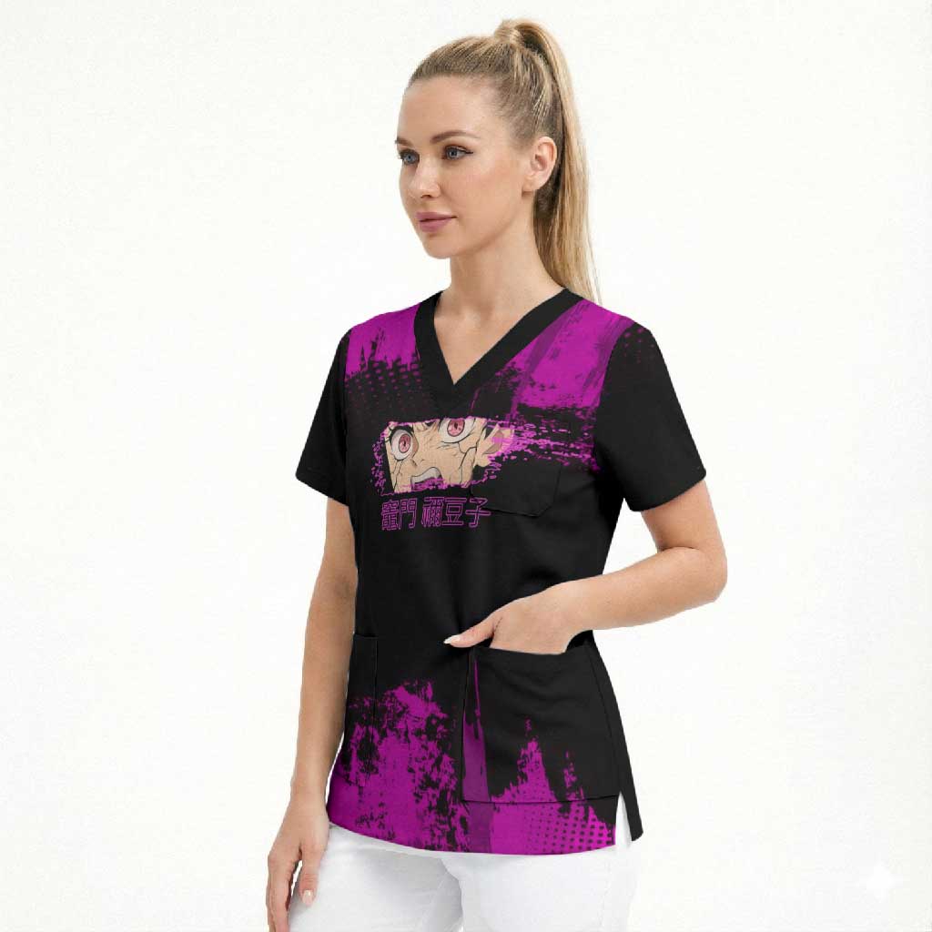 Nezuko Kamado Demon Slayer Pink Grunge Design Scrub Top with Fierce Eyes and Cute Sitting Pose - The Mazicc