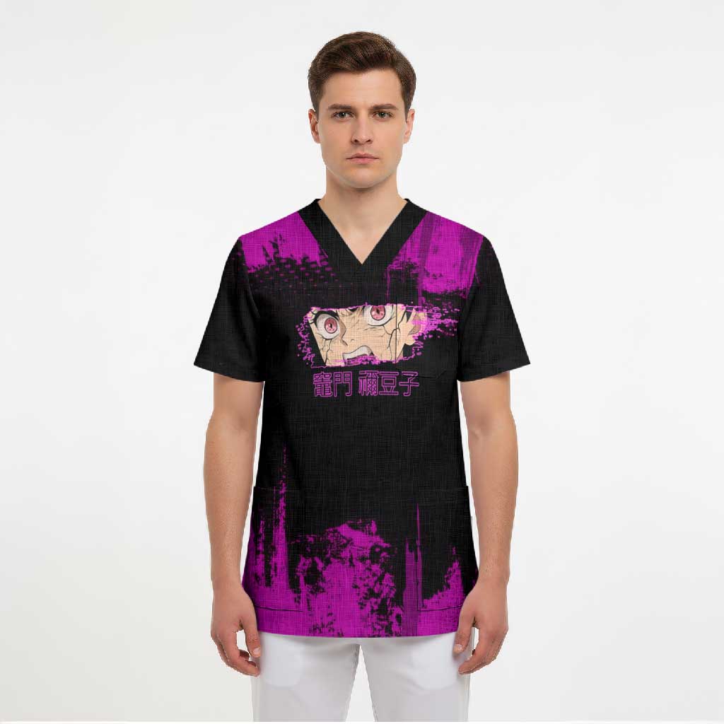 Nezuko Kamado Demon Slayer Pink Grunge Design Scrub Top with Fierce Eyes and Cute Sitting Pose - The Mazicc