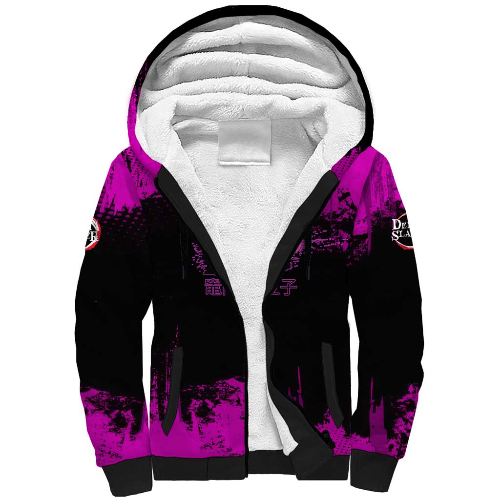 Nezuko Kamado Demon Slayer Pink Grunge Design Sherpa Hoodie with Fierce Eyes and Cute Sitting Pose - The Mazicc