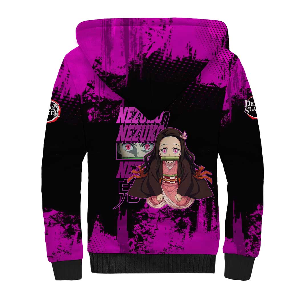 Nezuko Kamado Demon Slayer Pink Grunge Design Sherpa Hoodie with Fierce Eyes and Cute Sitting Pose - The Mazicc
