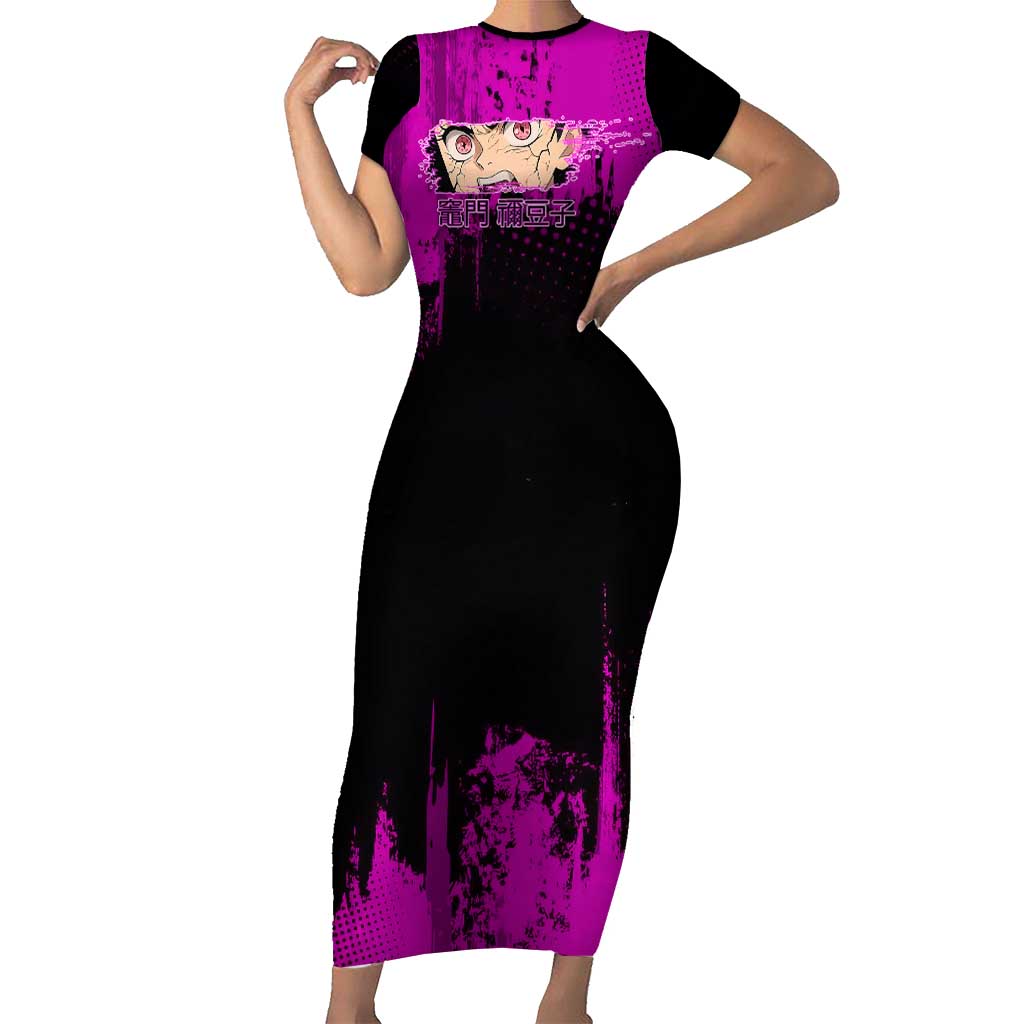 Nezuko Kamado Demon Slayer Pink Grunge Design Short Sleeve Bodycon Dress with Fierce Eyes and Cute Sitting Pose - The Mazicc