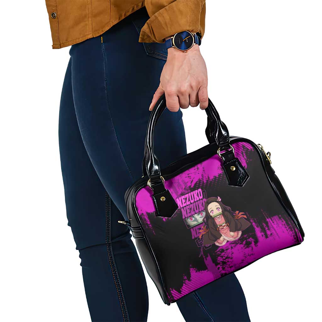 Nezuko Kamado Demon Slayer Pink Grunge Design Shoulder Handbag with Fierce Eyes and Cute Sitting Pose - The Mazicc