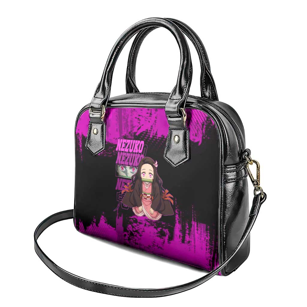 Nezuko Kamado Demon Slayer Pink Grunge Design Shoulder Handbag with Fierce Eyes and Cute Sitting Pose - The Mazicc