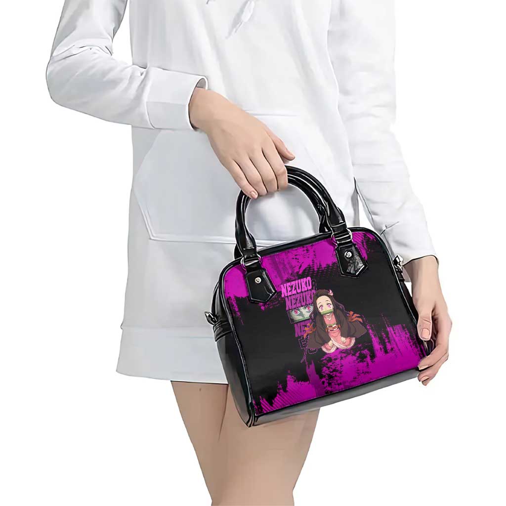 Nezuko Kamado Demon Slayer Pink Grunge Design Shoulder Handbag with Fierce Eyes and Cute Sitting Pose - The Mazicc