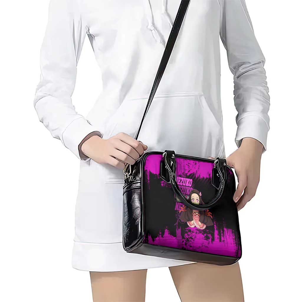 Nezuko Kamado Demon Slayer Pink Grunge Design Shoulder Handbag with Fierce Eyes and Cute Sitting Pose - The Mazicc