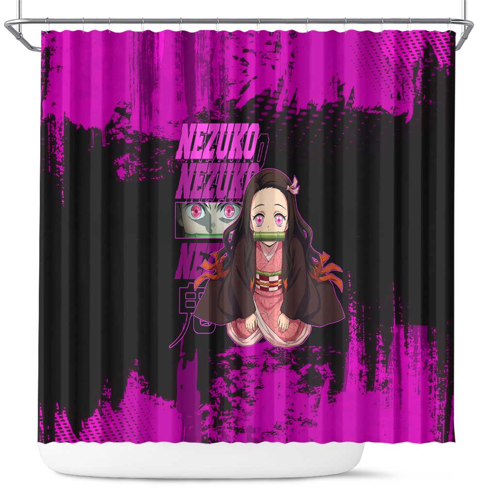 Nezuko Kamado Demon Slayer Pink Grunge Design Shower Curtain with Fierce Eyes and Cute Sitting Pose - The Mazicc