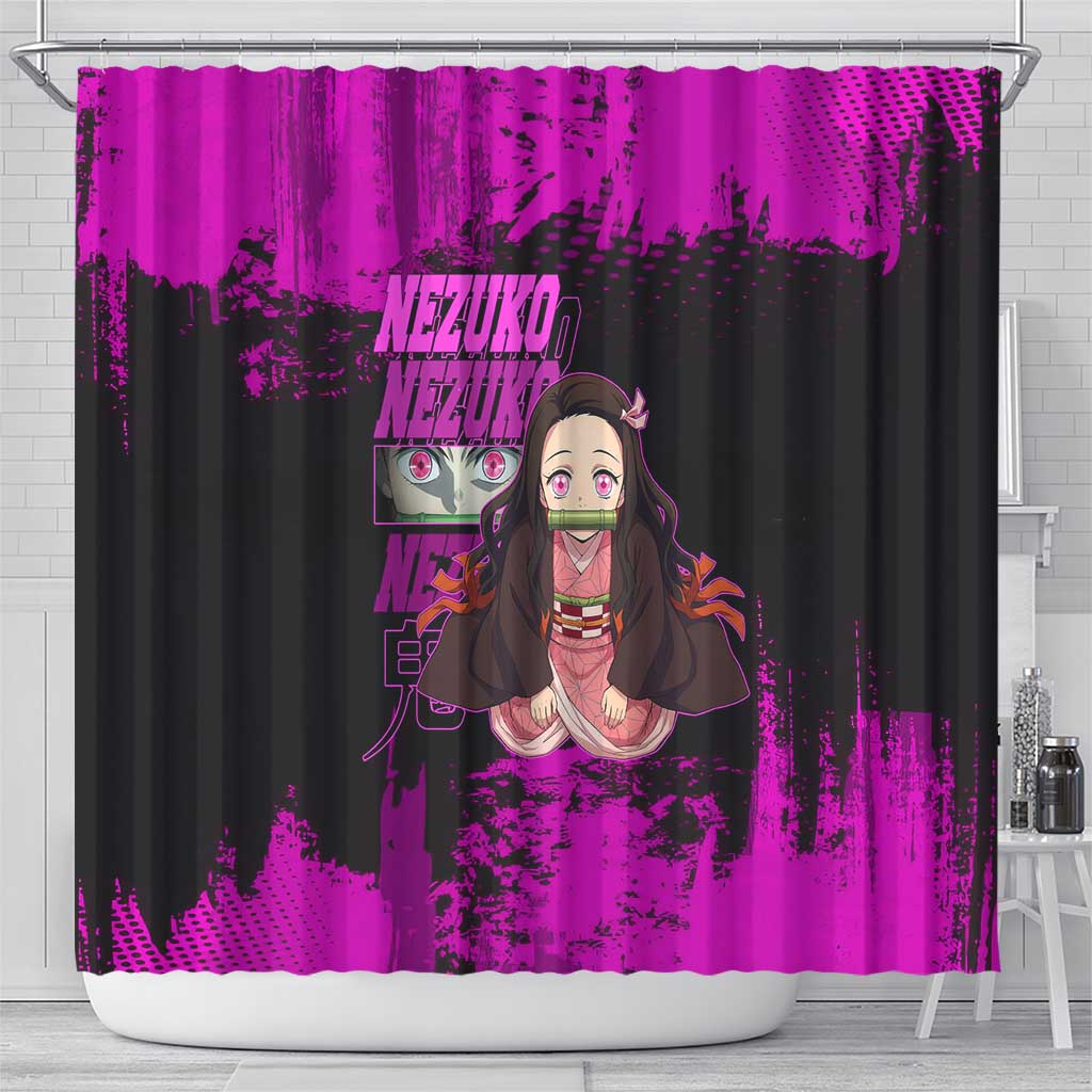 Nezuko Kamado Demon Slayer Pink Grunge Design Shower Curtain with Fierce Eyes and Cute Sitting Pose - The Mazicc