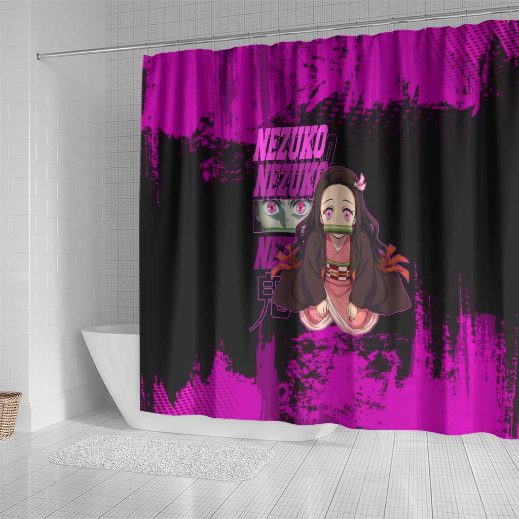 Nezuko Kamado Demon Slayer Pink Grunge Design Shower Curtain with Fierce Eyes and Cute Sitting Pose - The Mazicc