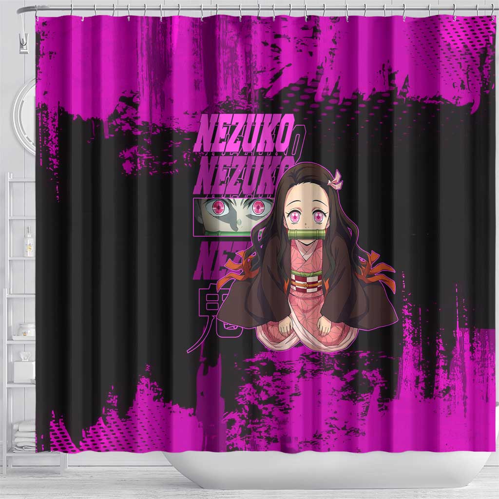 Nezuko Kamado Demon Slayer Pink Grunge Design Shower Curtain with Fierce Eyes and Cute Sitting Pose - The Mazicc