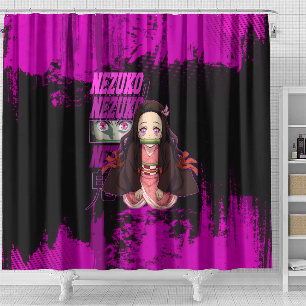 Nezuko Kamado Demon Slayer Pink Grunge Design Shower Curtain with Fierce Eyes and Cute Sitting Pose - The Mazicc