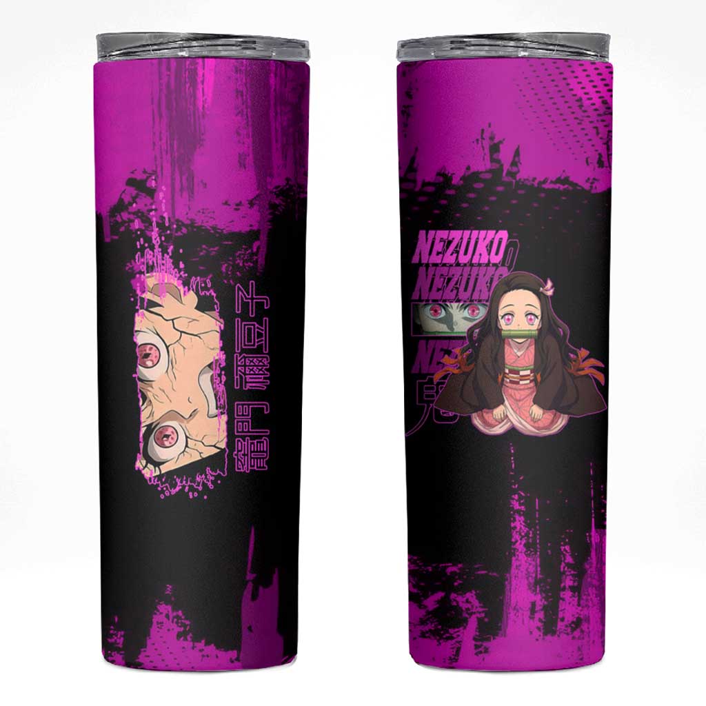 Nezuko Kamado Demon Slayer Pink Grunge Design Skinny Tumbler with Fierce Eyes and Cute Sitting Pose - The Mazicc