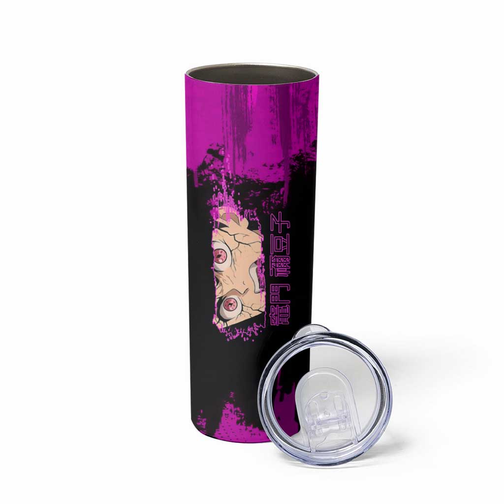Nezuko Kamado Demon Slayer Pink Grunge Design Skinny Tumbler with Fierce Eyes and Cute Sitting Pose - The Mazicc