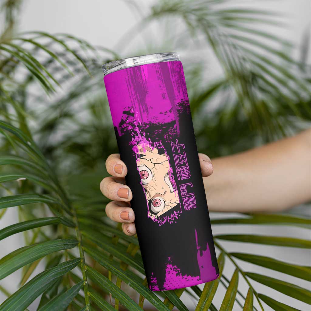 Nezuko Kamado Demon Slayer Pink Grunge Design Skinny Tumbler with Fierce Eyes and Cute Sitting Pose - The Mazicc