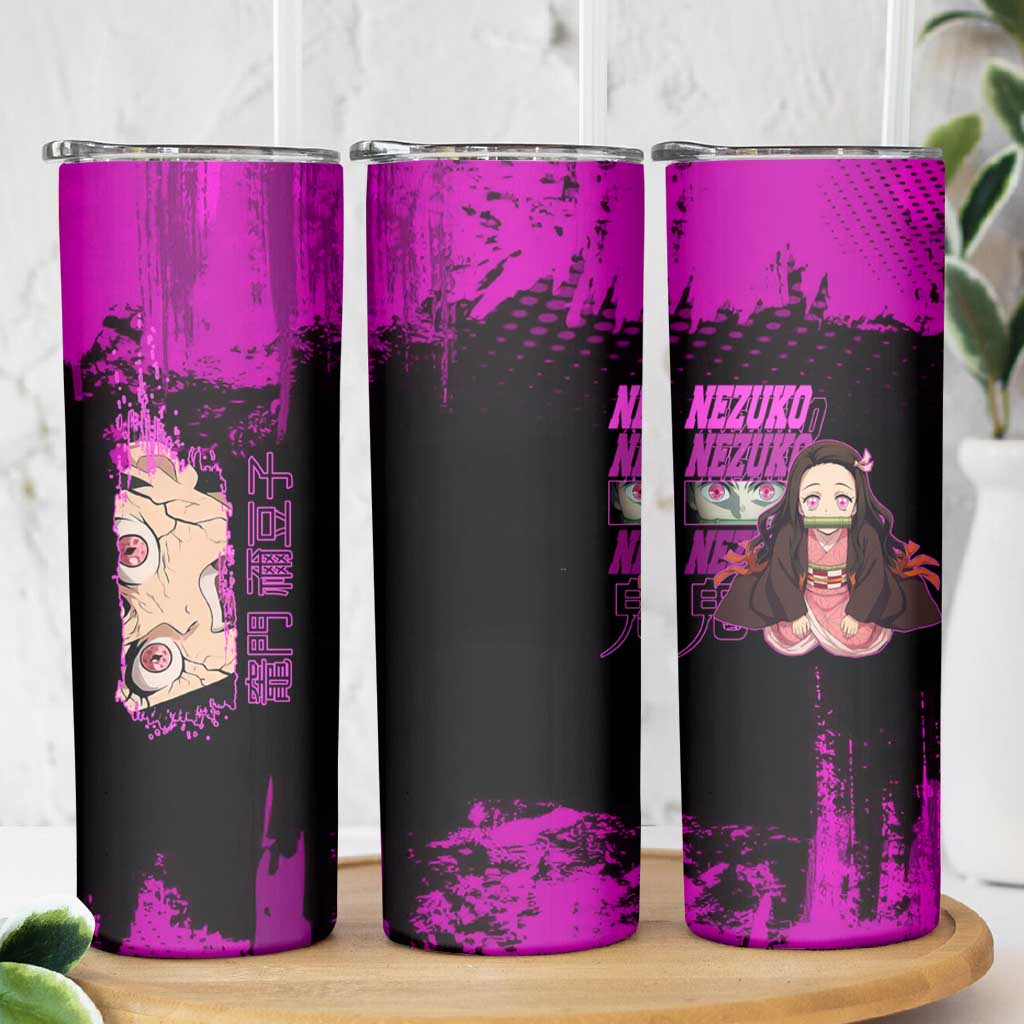 Nezuko Kamado Demon Slayer Pink Grunge Design Skinny Tumbler with Fierce Eyes and Cute Sitting Pose - The Mazicc