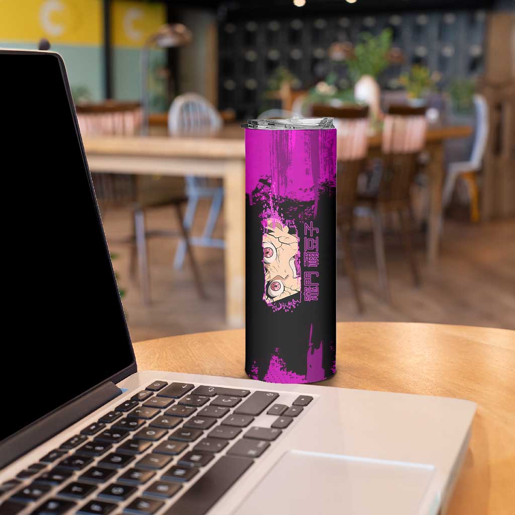 Nezuko Kamado Demon Slayer Pink Grunge Design Skinny Tumbler with Fierce Eyes and Cute Sitting Pose - The Mazicc