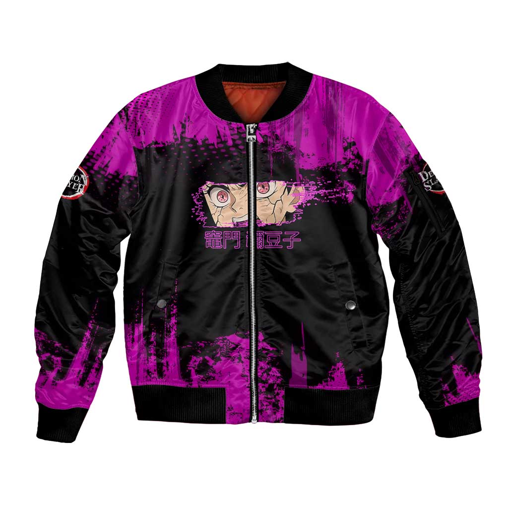 Nezuko Kamado Demon Slayer Pink Grunge Design Sleeve Zip Bomber Jacket with Fierce Eyes and Cute Sitting Pose - The Mazicc
