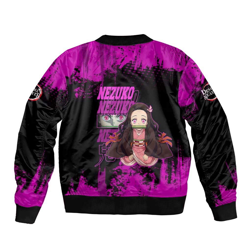 Nezuko Kamado Demon Slayer Pink Grunge Design Sleeve Zip Bomber Jacket with Fierce Eyes and Cute Sitting Pose - The Mazicc