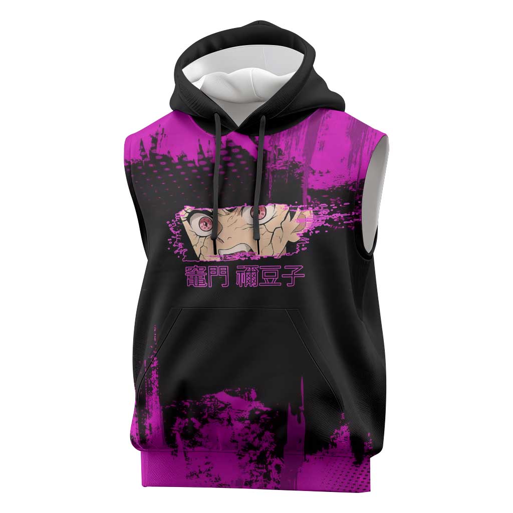 Nezuko Kamado Demon Slayer Pink Grunge Design Sleeveless Hoodie with Fierce Eyes and Cute Sitting Pose - The Mazicc