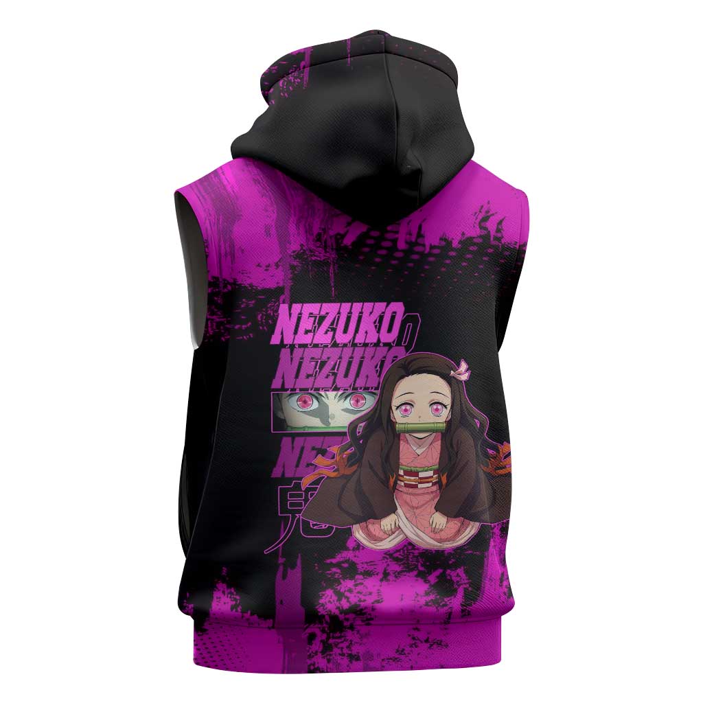 Nezuko Kamado Demon Slayer Pink Grunge Design Sleeveless Hoodie with Fierce Eyes and Cute Sitting Pose - The Mazicc