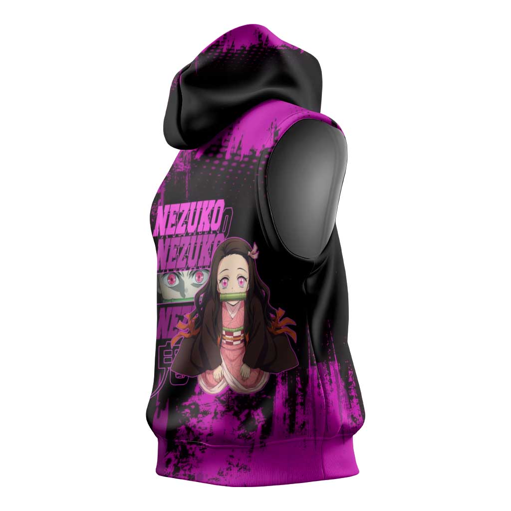 Nezuko Kamado Demon Slayer Pink Grunge Design Sleeveless Hoodie with Fierce Eyes and Cute Sitting Pose - The Mazicc