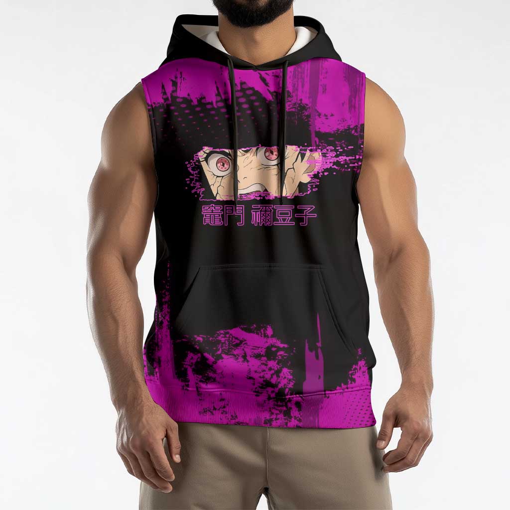 Nezuko Kamado Demon Slayer Pink Grunge Design Sleeveless Hoodie with Fierce Eyes and Cute Sitting Pose - The Mazicc