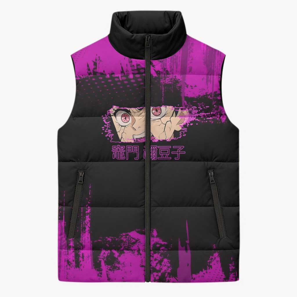 Nezuko Kamado Demon Slayer Pink Grunge Design Sleeveless Puffer Jacket with Fierce Eyes and Cute Sitting Pose - The Mazicc