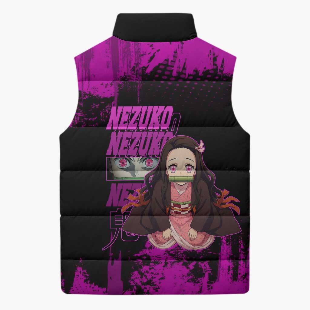Nezuko Kamado Demon Slayer Pink Grunge Design Sleeveless Puffer Jacket with Fierce Eyes and Cute Sitting Pose - The Mazicc