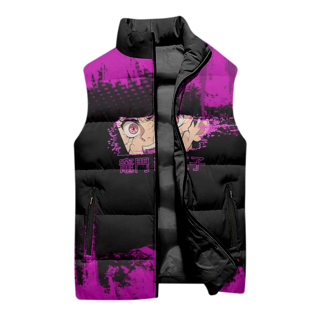 Nezuko Kamado Demon Slayer Pink Grunge Design Sleeveless Puffer Jacket with Fierce Eyes and Cute Sitting Pose - The Mazicc