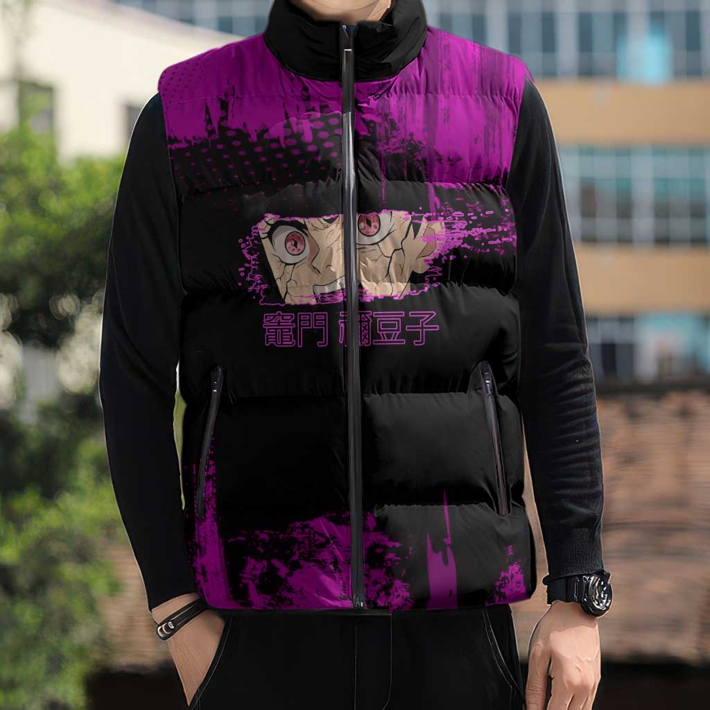Nezuko Kamado Demon Slayer Pink Grunge Design Sleeveless Puffer Jacket with Fierce Eyes and Cute Sitting Pose - The Mazicc