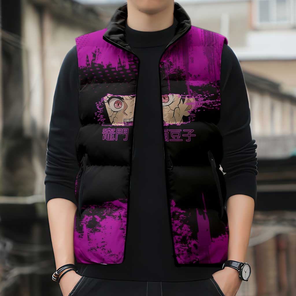 Nezuko Kamado Demon Slayer Pink Grunge Design Sleeveless Puffer Jacket with Fierce Eyes and Cute Sitting Pose - The Mazicc