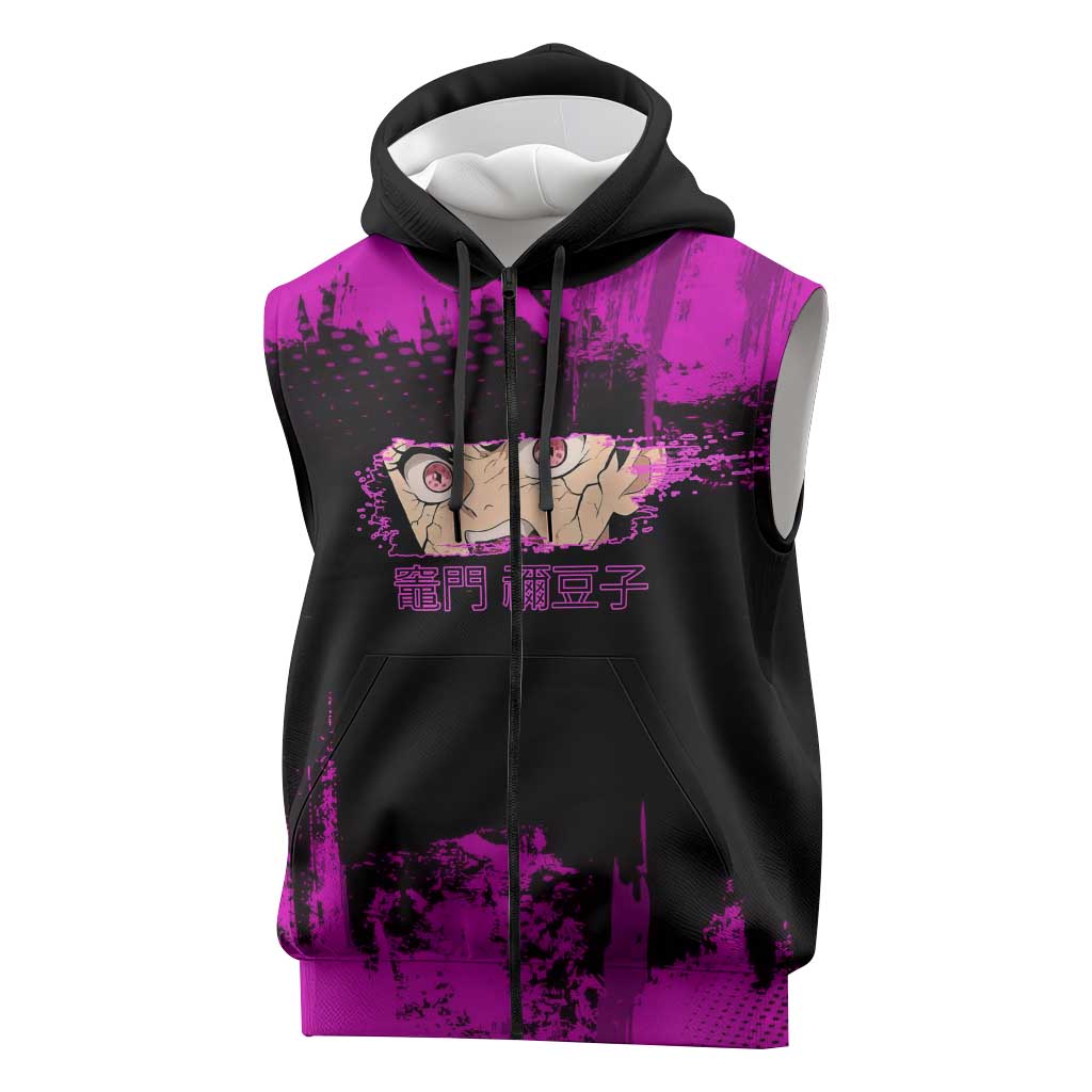 Nezuko Kamado Demon Slayer Pink Grunge Design Sleeveless Zip Hoodie with Fierce Eyes and Cute Sitting Pose - The Mazicc