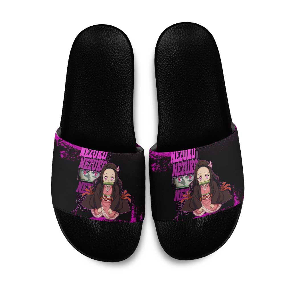Nezuko Kamado Demon Slayer Pink Grunge Design Slide Sandals with Fierce Eyes and Cute Sitting Pose - The Mazicc