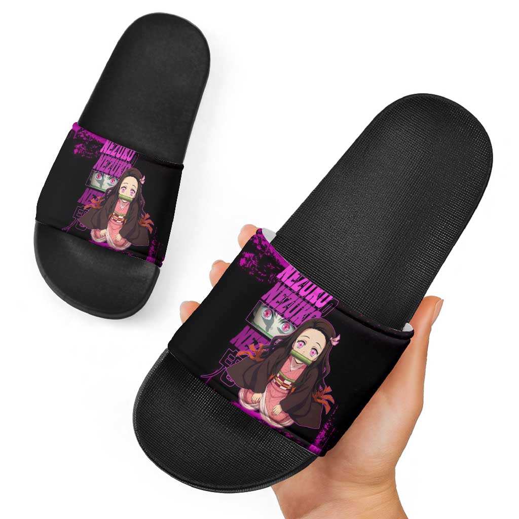 Nezuko Kamado Demon Slayer Pink Grunge Design Slide Sandals with Fierce Eyes and Cute Sitting Pose - The Mazicc