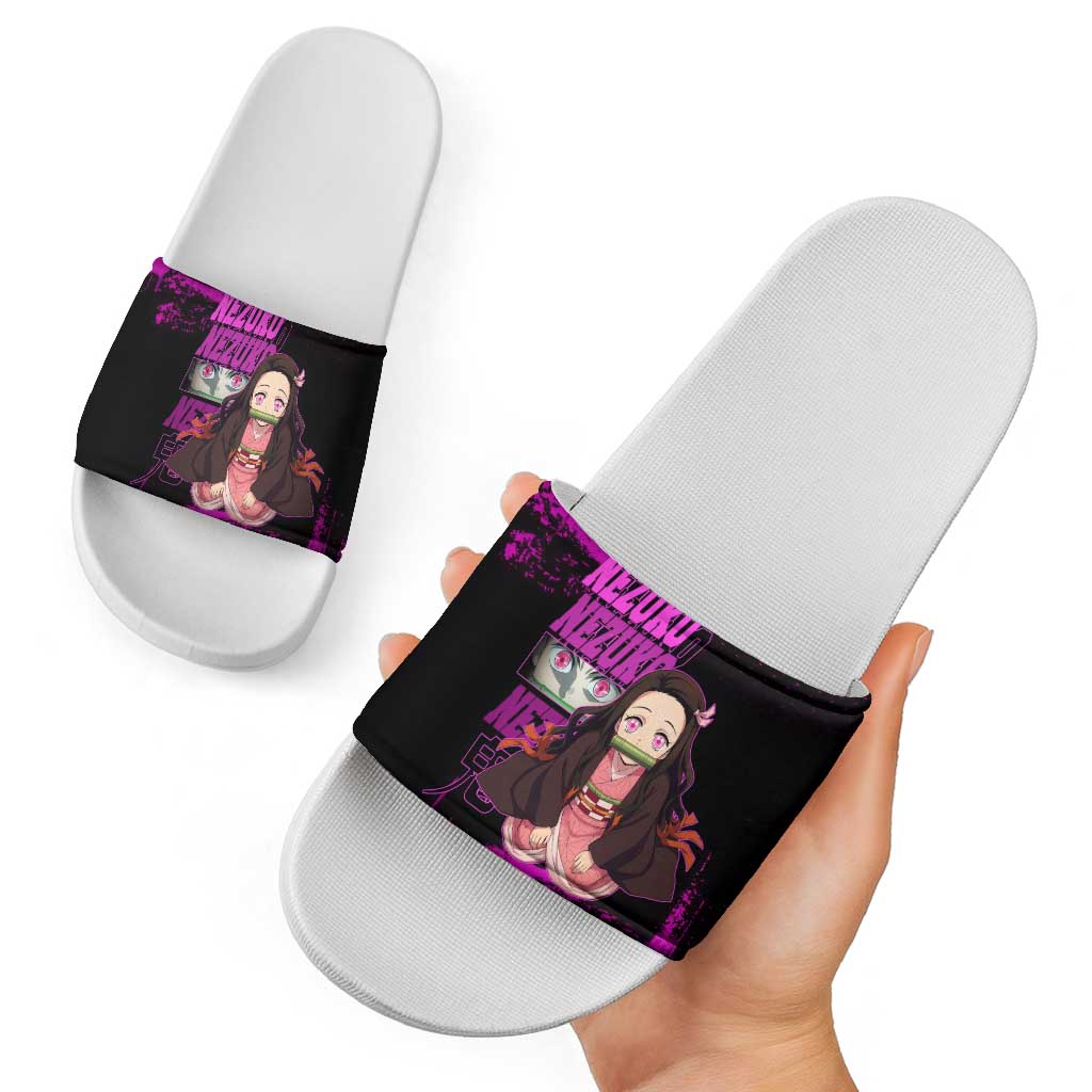 Nezuko Kamado Demon Slayer Pink Grunge Design Slide Sandals with Fierce Eyes and Cute Sitting Pose - The Mazicc